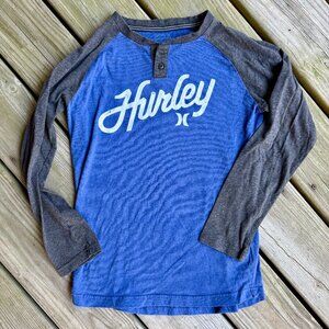 Hurley Boys Blue Gray Raglan Long Sleeve Henley Shirt Size Large L 12-13